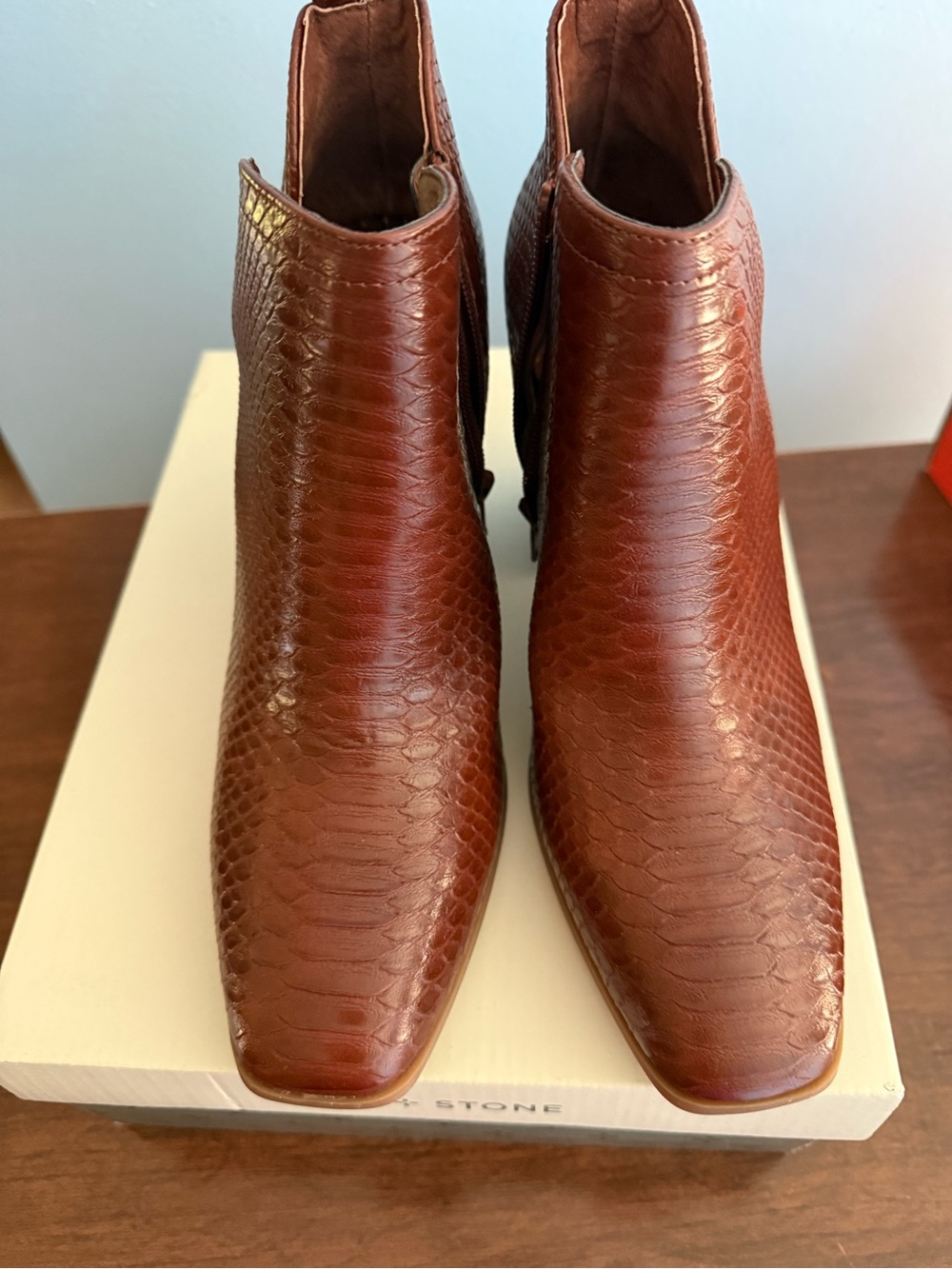 Sun + Stone Brown Embossed Leather Heeled Ankle Boots